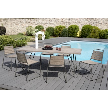 Salon de jardin n°300 comprenant 1 table à manger pieds scandi et 3 lots de 2 chaises empilabes bois et métal