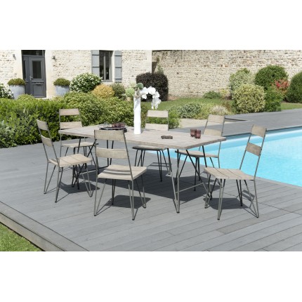Salon de jardin n°301 comprenant 1 table à manger pieds scandi et 3 lots de 2 chaises scandi bois et métal