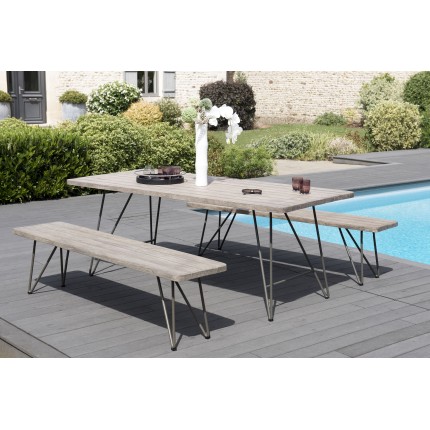 Salon de jardin n°302 comprenant 1 table à manger pieds scandi et 2 bancs pieds scandi