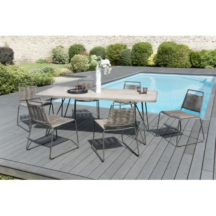 Salon de jardin n°303 comprenant 1 table à manger pieds scandi et 3 lots de 2 chaises empilabes cordage synthétique