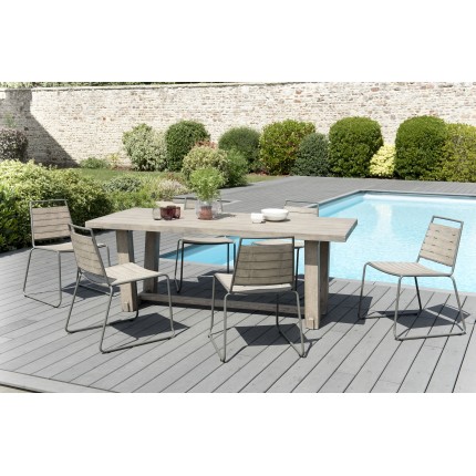 Salon de jardin n°304 comprenant 1 table à manger rectangulaire et 3 lots de 2 chaises empilabes bois et métal
