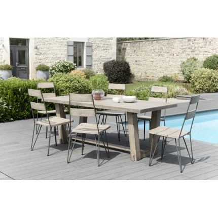 Salon de jardin n°305 comprenant 1 table à manger rectangulaire et 3 lots de 2 chaises scandi bois et métal