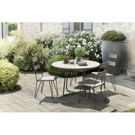 Salon de jardin n°306 comprenant 1 table à manger ronde et 2 lots de 2 chaises scandi bois et métal