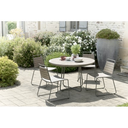 Salon de jardin n°307 comprenant 1 table à manger ronde et 2 lots de 2 chaises empilabes bois et métal