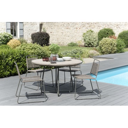 Salon de jardin n°308 comprenant 1 table à manger ronde et 2 lots de 2 chaises empilabes cordage synthétique