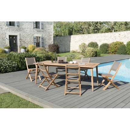 Salon de jardin n°135 comprenant 1 table à manger pieds scandi 220*100cm et 3 lots de 2 chaises pliantes textilène taupe