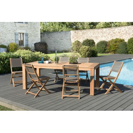 Salon de jardin n°136 comprenant 1 table à manger DENVER 220*100cm et 3 lots de 2 chaises pliantes textilène couleur taupe