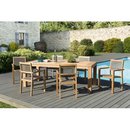 Salon de jardin n°137 comprenant 1 table à manger DENVER 220*100cm et 3 lots de 2 fauteuils empilables textilène taupe