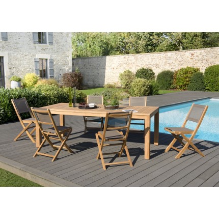 Salon de jardin n°140 comprenant 1 table à manger VIESTE 220*100cm et 3 lots de 2 chaises pliantes textilène couleur taupe