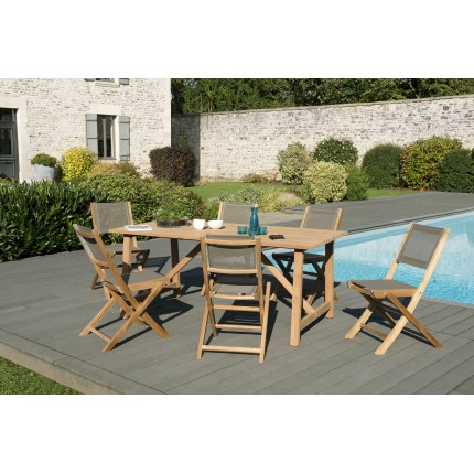 Salon de jardin n°143 comprenant 1 table SOHO 180*90cm couleur naturelle et 3 lots de 2 chaises pliantes textilène taupe