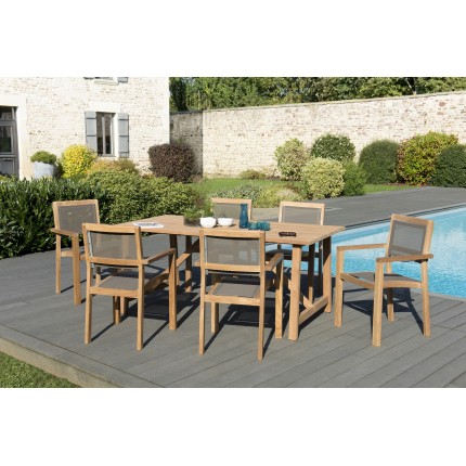 Salon de jardin n°144 comprenant 1 table SOHO 180*90cm couleur naturelle et 3 lots de 2 fauteuils empilables textilène taupe