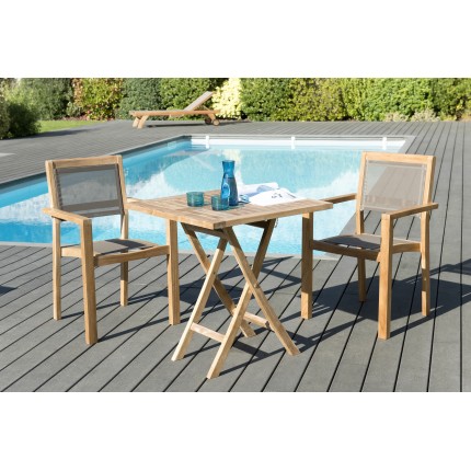 Salon de jardin n°147 comprenant 1 table carrée pliante 70*70cm et 1 lots de 2 fauteuils empilables textilène taupe