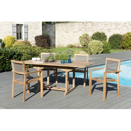 Salon de jardin n°121 comprenant 1 table rectangulaire 120/180*90cm et 2 lots de 2 fauteuils empilables textilène couleur taupe