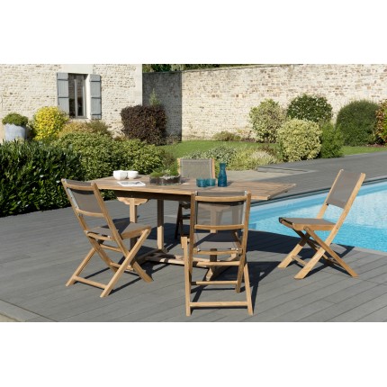 Salon de jardin n°122 comprenant 1 table rectangulaire 120/180*90cm et 2 lots de 2 chaises pliantes textilène couleur taupe