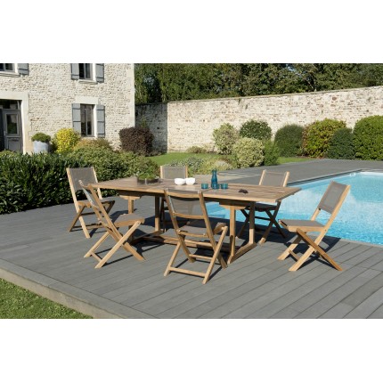 Salon de jardin n°123 comprenant 1 table rectangulaire extensible 180/240*100cm et 3 lots de 2 chaises pliantes textilène taupe