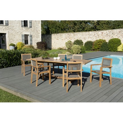 Salon de jardin n°124 comprenant 1 table rectangulaire extensible 180/240cm et 3 lots de 2 fauteuils empilables textilène taupe