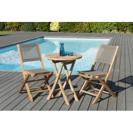 Salon de jardin n°125 comprenant 1 table ronde pliante 60*60cm et 1 lot de 2 chaises pliantes textilène couleur taupe