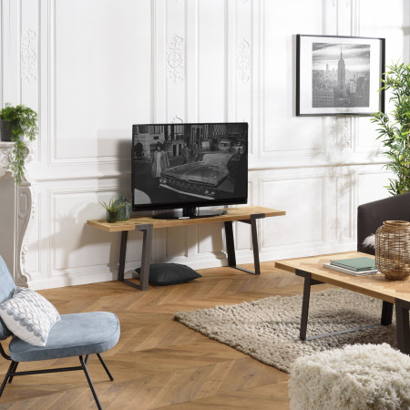 CLEMENCE - Meuble TV plateau chevrons bois et...