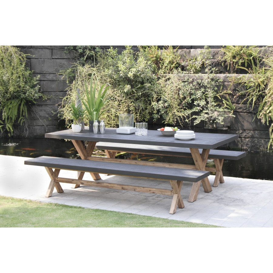 HANS - SALON DE JARDIN EN FIBRE DE BETON ET ACACIA 8 pers - Ensemble jardin  - 1 Table rectangulaire 200*100 cm et 2 bancs