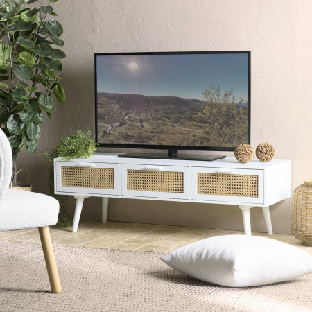 SANDRO - Meuble TV blanc 3 tiroirs cannage naturel