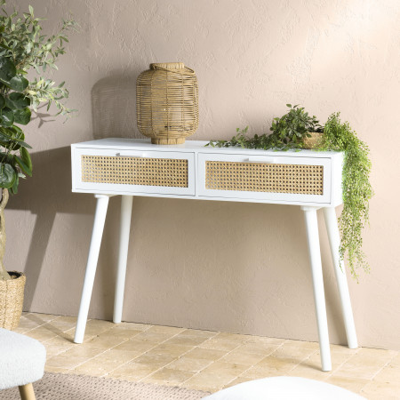 SANDRO - Console blanche 2 tiroirs cannage naturel