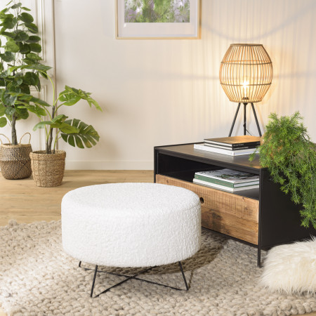 ALBANE - Pouf rond tissu bouclette blanc pieds...