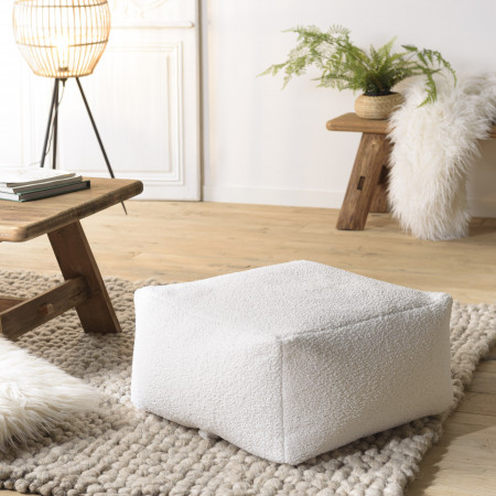 ALBANE - Pouf carré 53x53cm tissu bouclette blanc