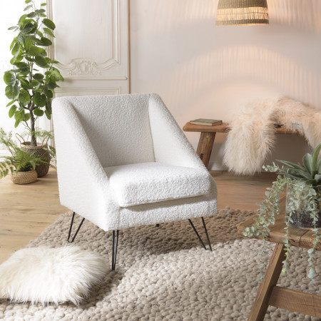 ALBANE - Fauteuil tissu bouclette blanc pieds...