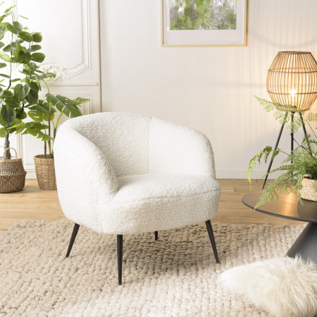 ALBANE - Fauteuil cosy tissu bouclette blanc...