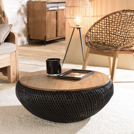 ALIDA - Table basse ronde 80x80cm en rotin noir...