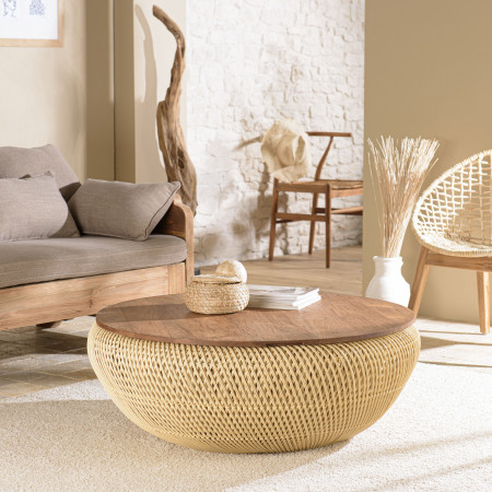 ALIDA - Table basse ronde 100x100cm en rotin...