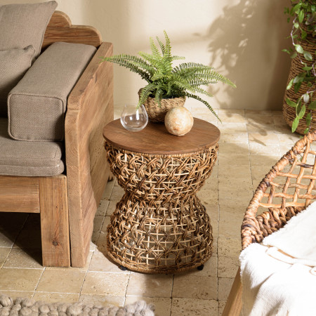 ALIDA - Tabouret beige assise en bois de teck...