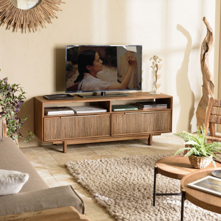 ISA - Meuble TV marron bois de jamelonier et cannage couleur naturelle