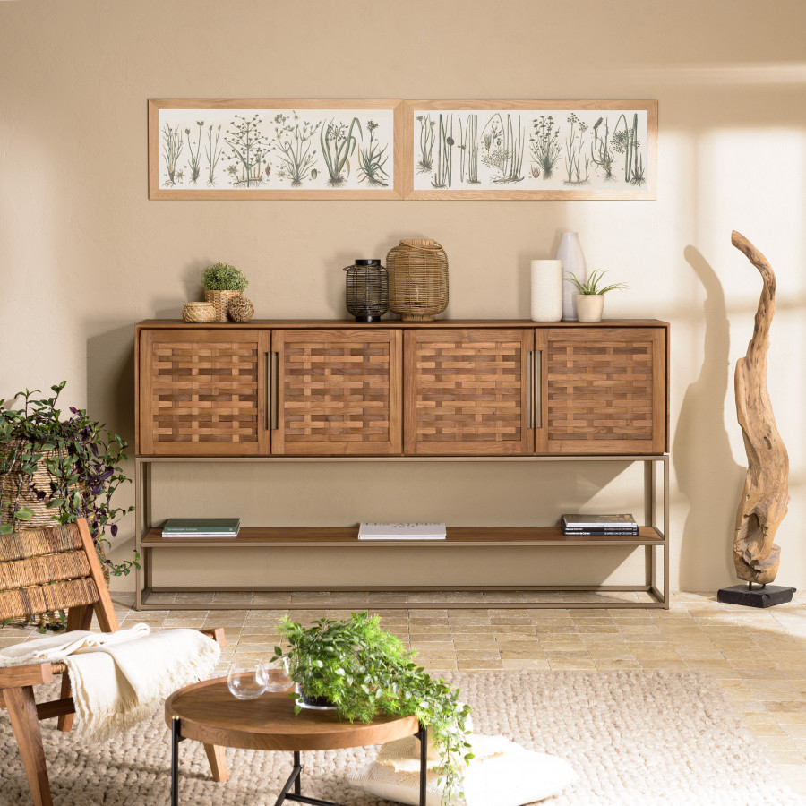 ALIDA - Buffet en bois de teck recyclé 4 portes en tissage de bambou