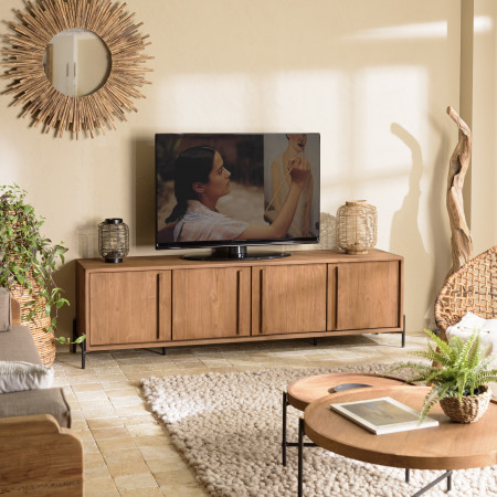 ISA - Meuble TV marron bois de jamelonier et cannage couleur naturelle