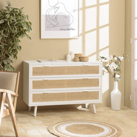 SANDRO - Commode blanche 3 tiroirs cannage naturel