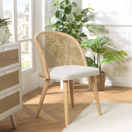 ALBANE - Chaise bois d’Hévéa assise tissu blanc...