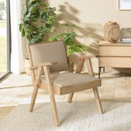 ERIS - Fauteuil en Mindi, assise en tissu beige...