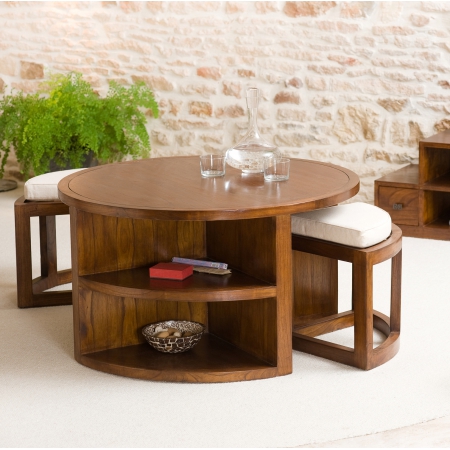 EDEN - Table basse ronde marron 2 tabourets...