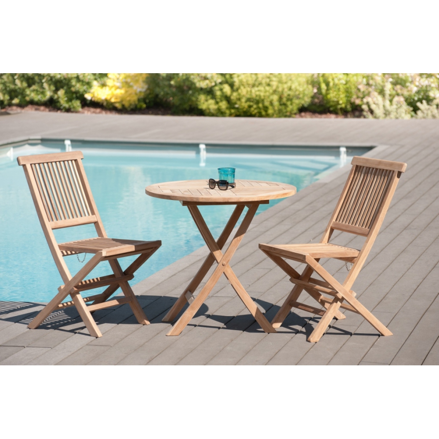 Salon de Jardin Teck Table D80 + 2 chaises pliantes SUMMER ref. 30020848, Ensemble repas