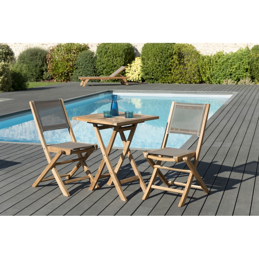 HARRIS - SALON DE JARDIN EN BOIS TECK 2 pers - 1 Table carrée pliante 60 cm  et 2 chaises textilène couleur taupe