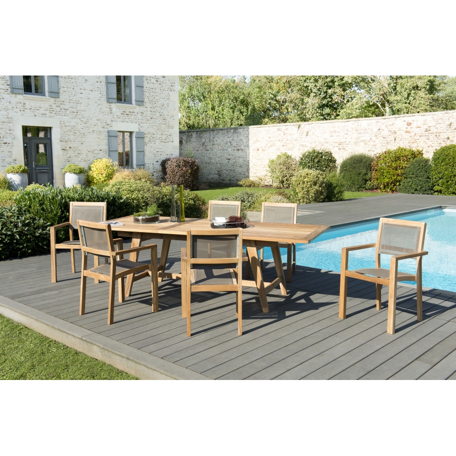 SALON DE JARDIN EN BOIS TECK 8/10 pers. 1 Table rectangulaire