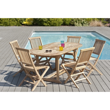 HARRIS - SALON DE JARDIN EN BOIS TECK 6/8 pers : Ensemble de jardin : 1  table ovale extensible 150*200/90cm et 6 chaises