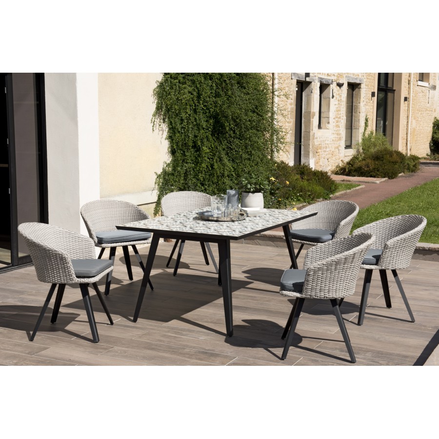 Salon de jardin 1 table teck 180x100 cm - 6 chaises blanches pieds