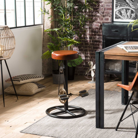 ROBIN - Tabouret de bar industriel cuir marron...