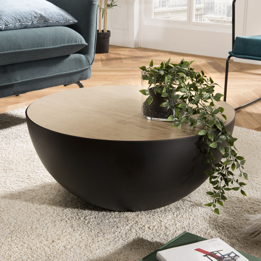 THEODORE Table basse coque 70x70cm base métal plateau bois clair
