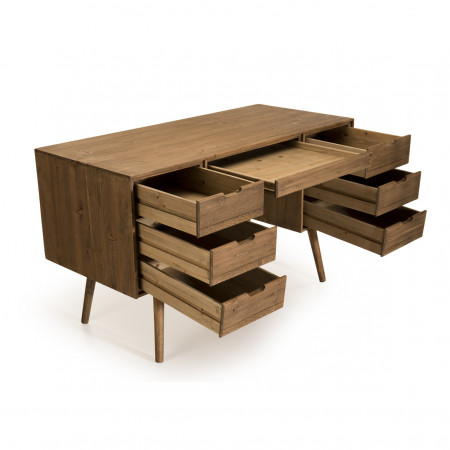 ANDREW - Bureau scandi bois marron 6 tiroirs Sapin