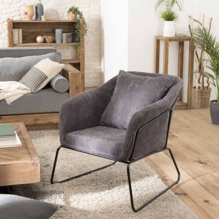 ALBANE - Fauteuil tissu velours cotelé gris...