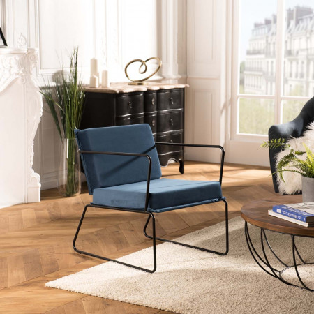 ALBANE - Fauteuil tissu velours bleu nuit pieds...