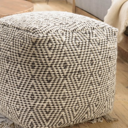 Pouf carré en laine Harry losanges gris et ivoire